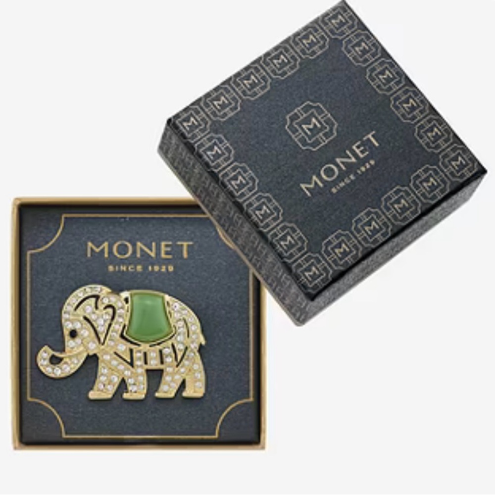 Monet Gold Elephant Brooch with Green Accent